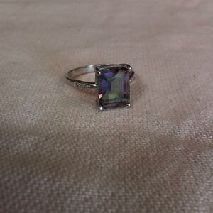 Sterling Silver Mystic Topaz Square Halo Ring - Iridescent Green/Purple